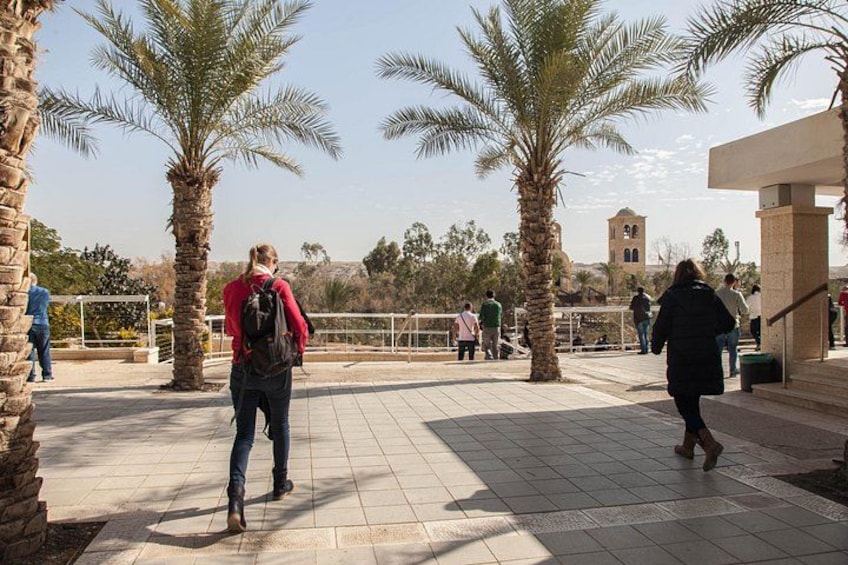 A pedestrian area with palm trees, a stone pathway, and a distant tower. 4