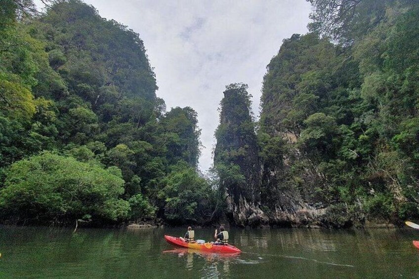 A river surrounded by dense forest with a red kayak in the foreground. 1