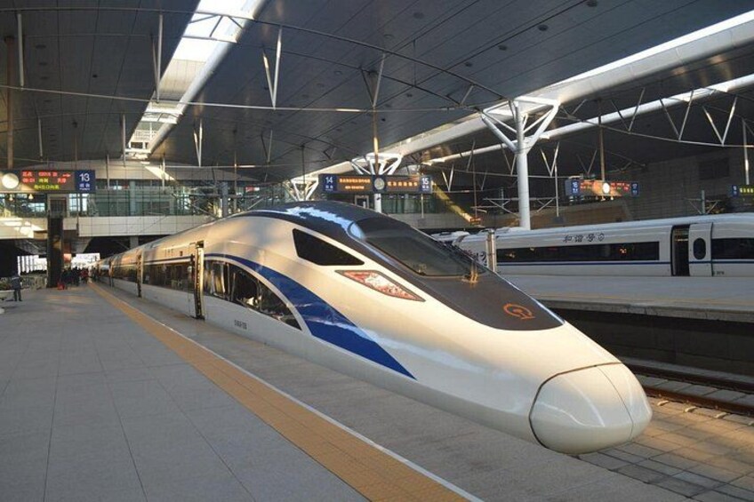 A modern train station with a high-speed train on the platform. 1