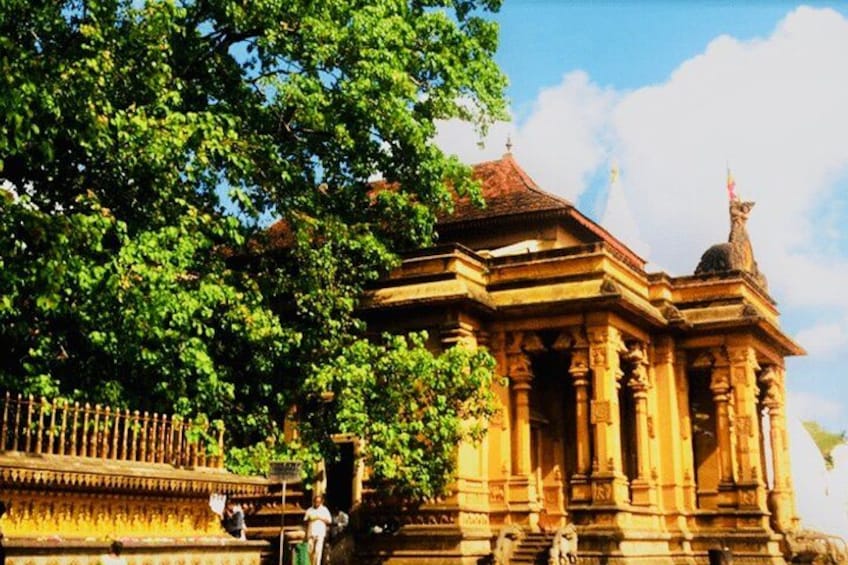 A temple with intricate carvings and a red roof, surrounded by lush greenery. 5