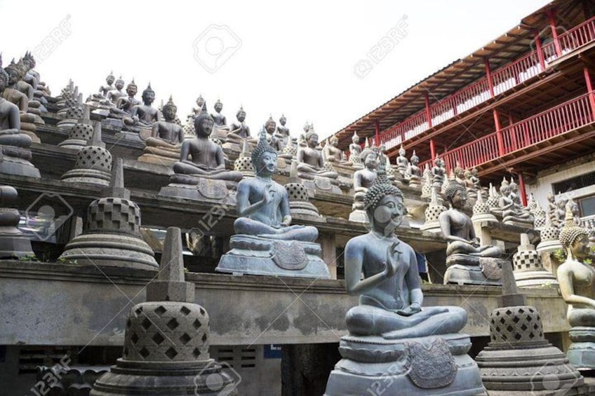Un conjunto de grandes estatuas de Buda de piedra dispuestas en filas. 5