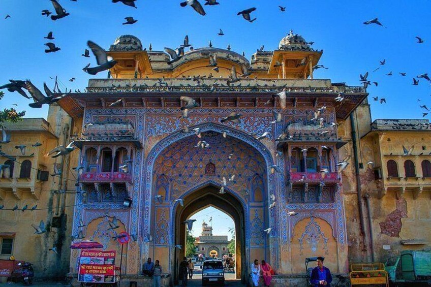 A historic archway with intricate blue and gold patterns, surrounded by pigeons. 3