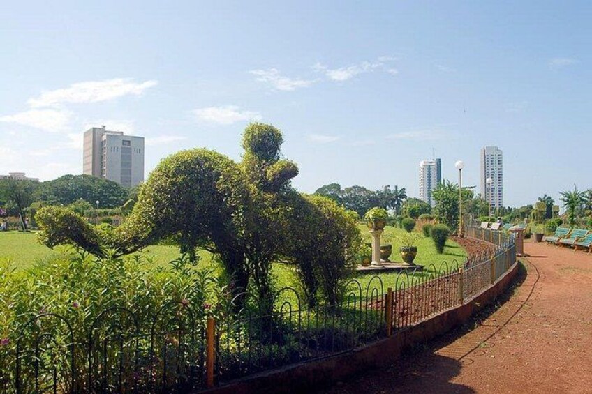 Un parque con árboles cuidados, un sendero pavimentado y edificios a la distancia. 2