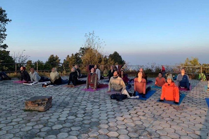 A group of people performing yoga on mats outdoors. 5