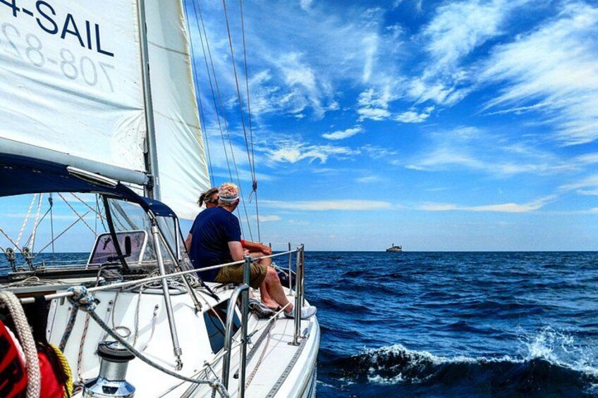 A sailboat with a person on deck, a clear blue sky, and a distant ship on the horizon. 1