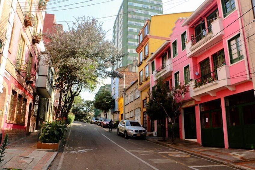 A street lined with colorful buildings, parked cars, and a tree with blossoms. 1