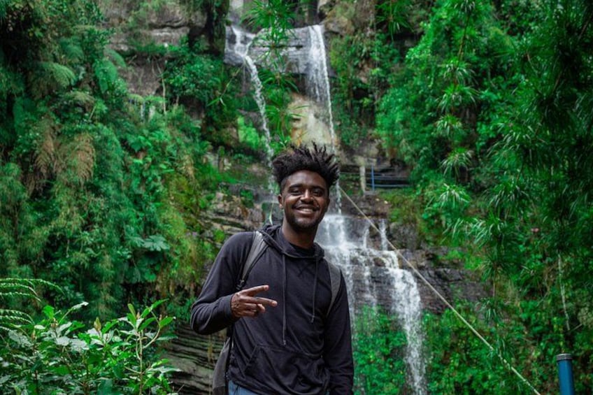 A waterfall in a lush, green forest. 1