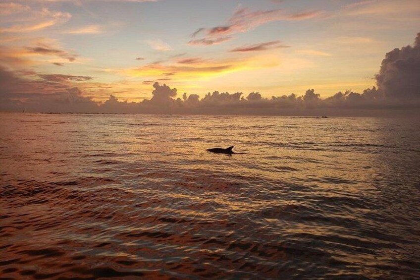 A sunset over a body of water with a silhouette of a boat in the distance. 5