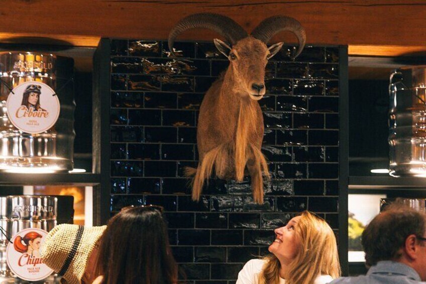 Una testa di capra appesa al muro, un angolo bar con bottiglie, e una donna che guarda verso l'alto. 2