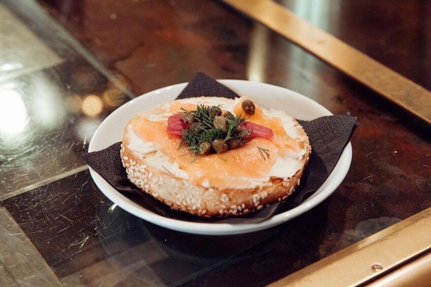 Smoked salmon, cream cheese and Montreal style Bagel 1