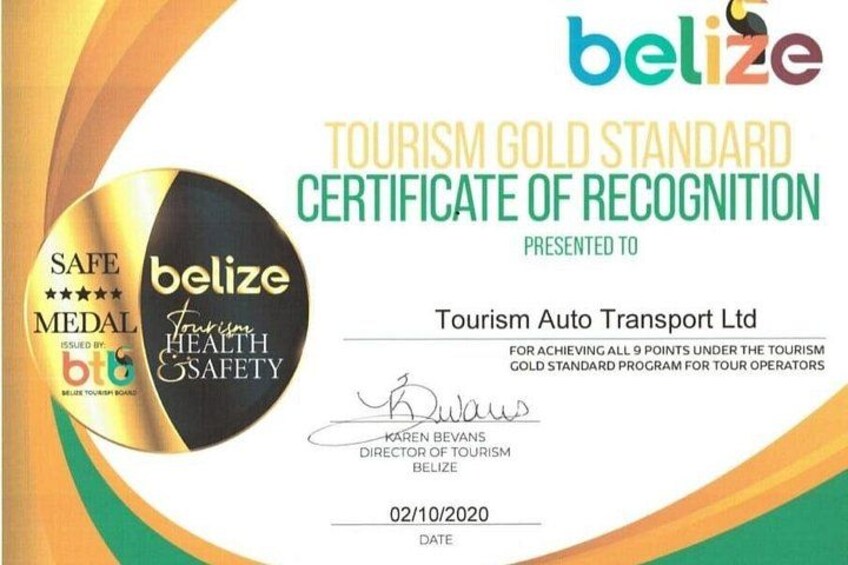 A Tourism Gold Standard Certificate of Recognition for Tourism Auto Transport Ltd. 2