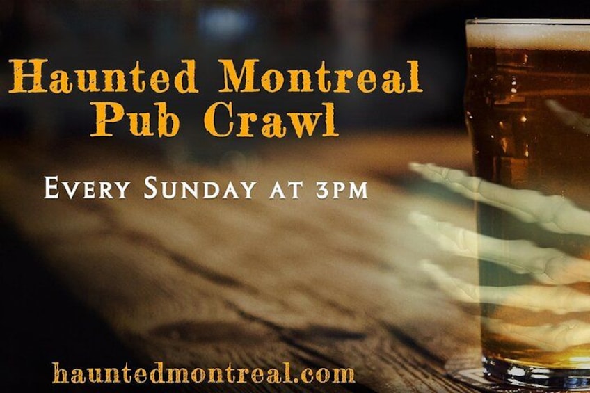 A glass of beer on a wooden surface with text about a pub crawl event. 3