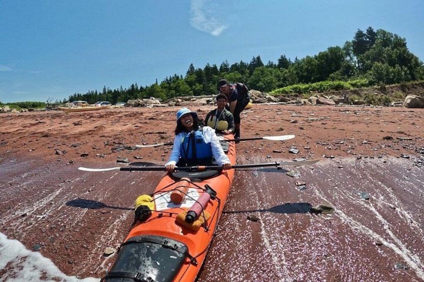 Un grupo de personas en kayaks en una orilla embarrada. 5