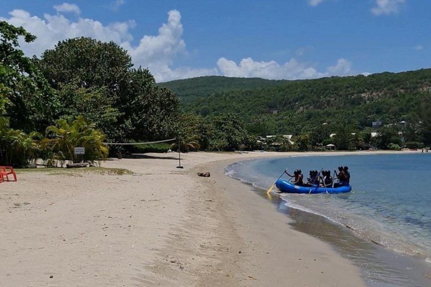 A beach with a blue raft carrying people, palm trees, and a hilly landscape in the background. 2