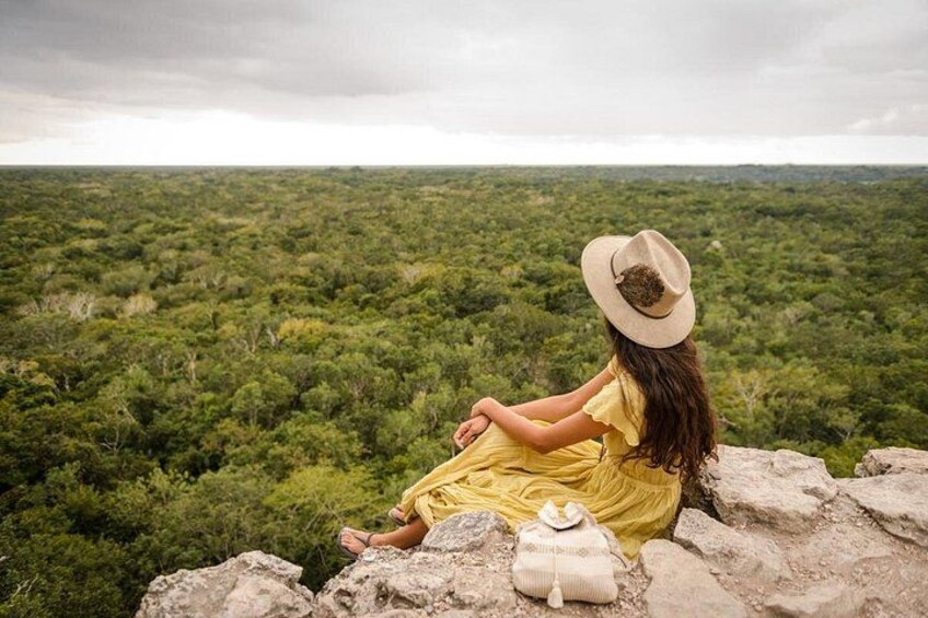 A person sitting on rocks overlooking a dense forest. 4