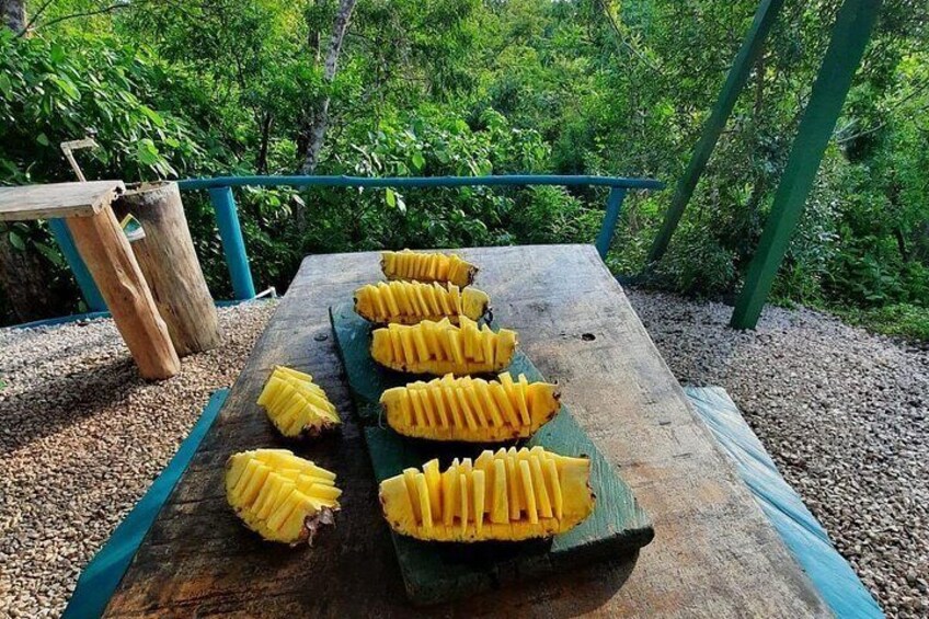A wooden table with sliced yellow fruits, possibly bananas, outdoors surrounded by greenery. 2