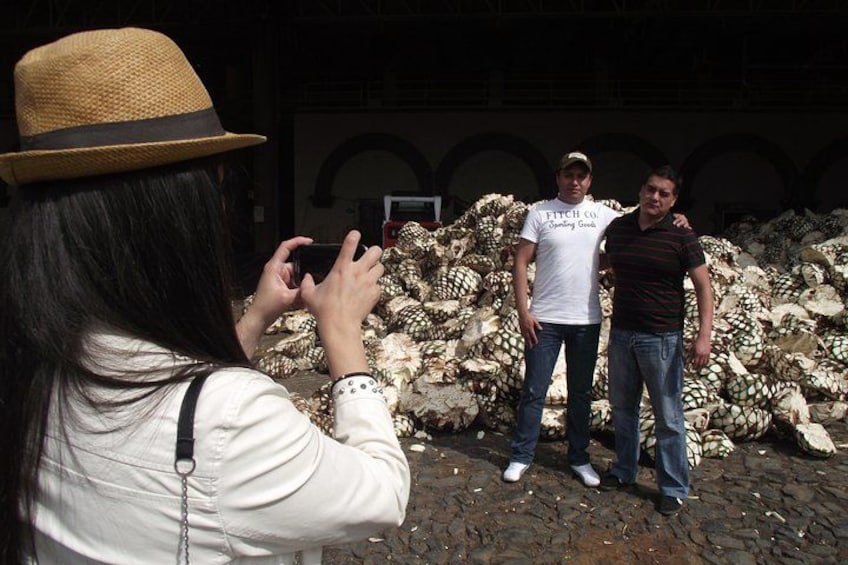 Trois personnes se tiennent devant une pile de noix de coco. 5
