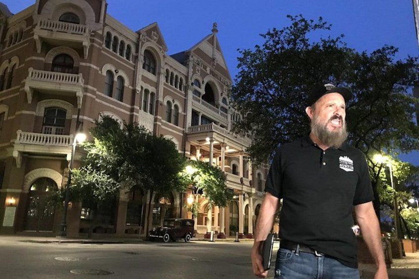 On tour in front of the historic Driskill Hotel, built in 1885, during the Servant Girl Murder spree. 3