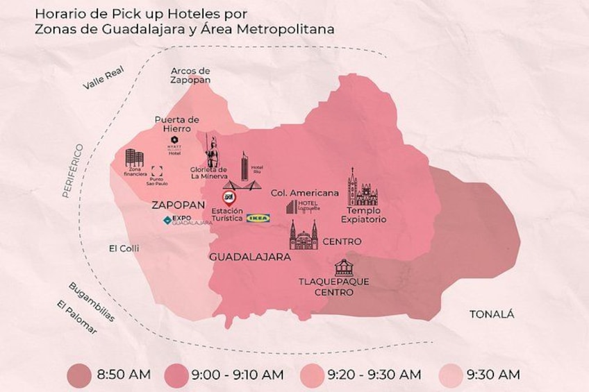 Une carte de Guadalajara et de son agglomération, indiquant les heures de prise en charge à l’hôtel. 2