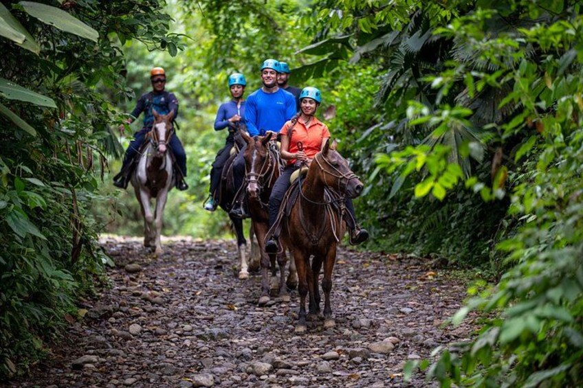 Un groupe de personnes à cheval, évoluant sur un sentier rocailleux, entouré d’une végétation luxuriante. 1