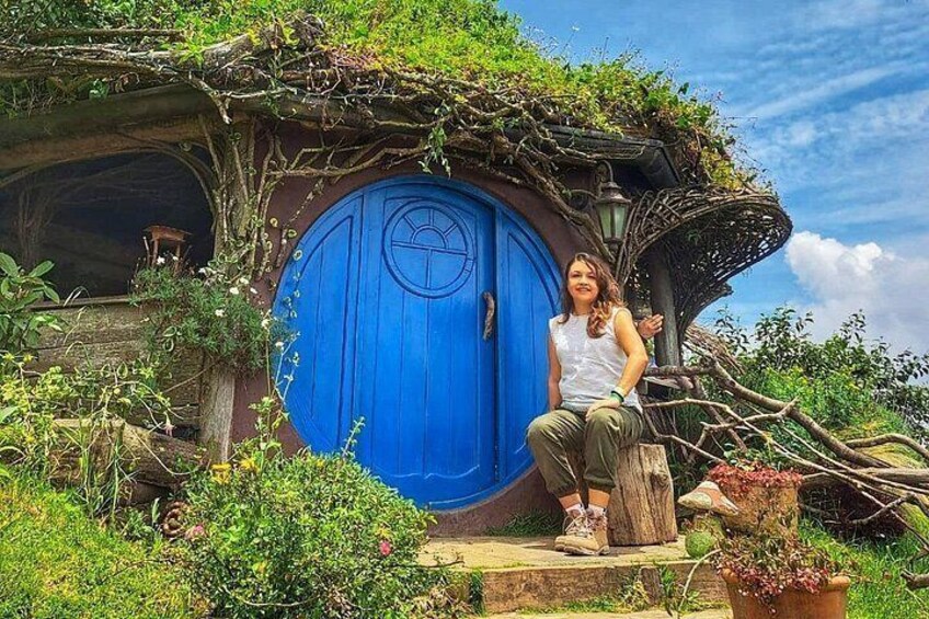 A Hobbiton-style door surrounded by greenery and a wooden structure. 1