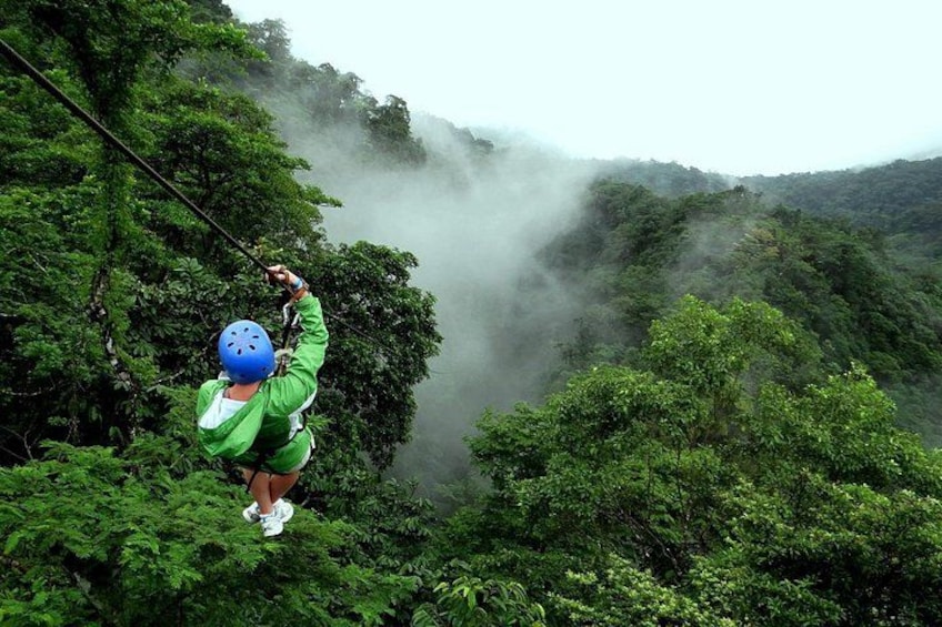 Una persona haciendo tirolesa por un bosque tupido con niebla al fondo. 4