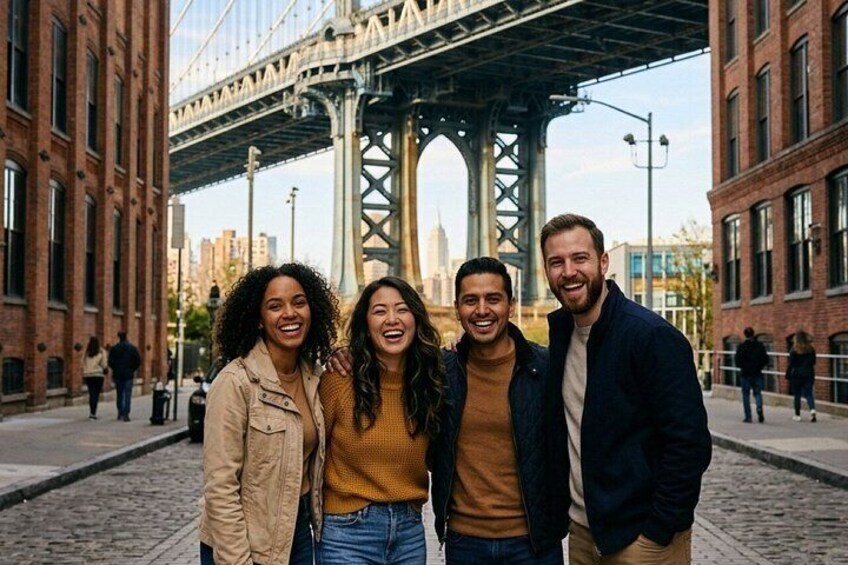 Un groupe de personnes se tient devant un pont, avec une vue sur la ville en arrière-plan. 5
