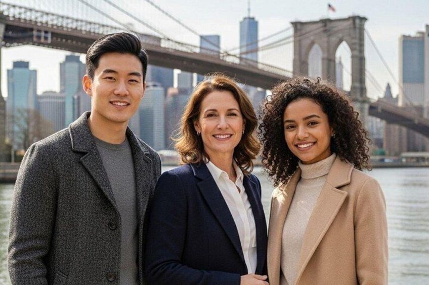 Trois personnes se tiennent devant un pont, avec la silhouette d’une ville en arrière-plan. 3