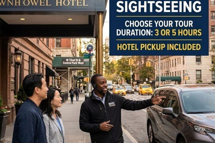 Una guida turistica indica un'auto, con un cartello del Whowell Hotel e di Central Park West in vista. 3