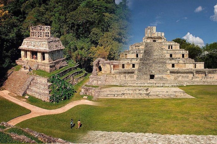 A large ancient pyramid complex with a smaller structure to the left, surrounded by lush greenery and a clear sky. 2