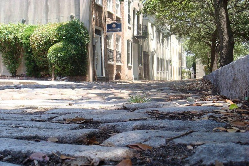 A cobblestone street with buildings, trees, and a sign. 4