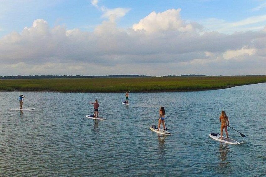 Des personnes pratiquent le paddle sur une étendue d’eau calme, avec des marais en arrière-plan. 4