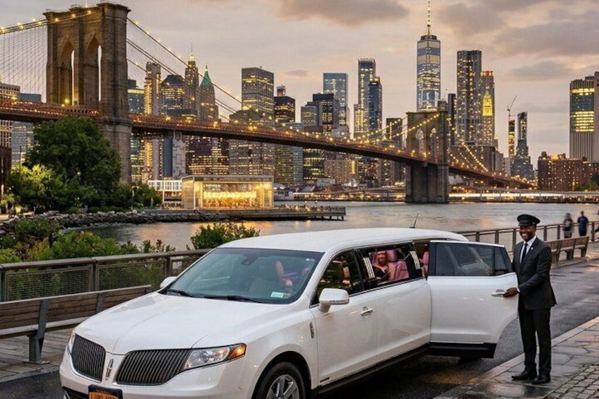 En vit limousine står parkerad vid en flod, med en stadsbild och en bro i bakgrunden. 4