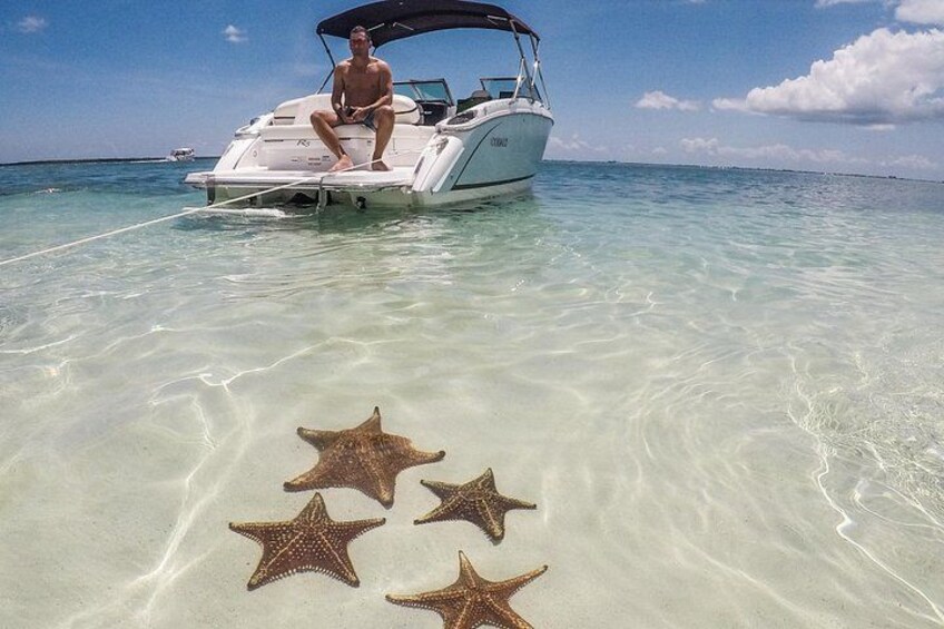 A boat with a person on it, clear turquoise water, and starfish on the sand. 2