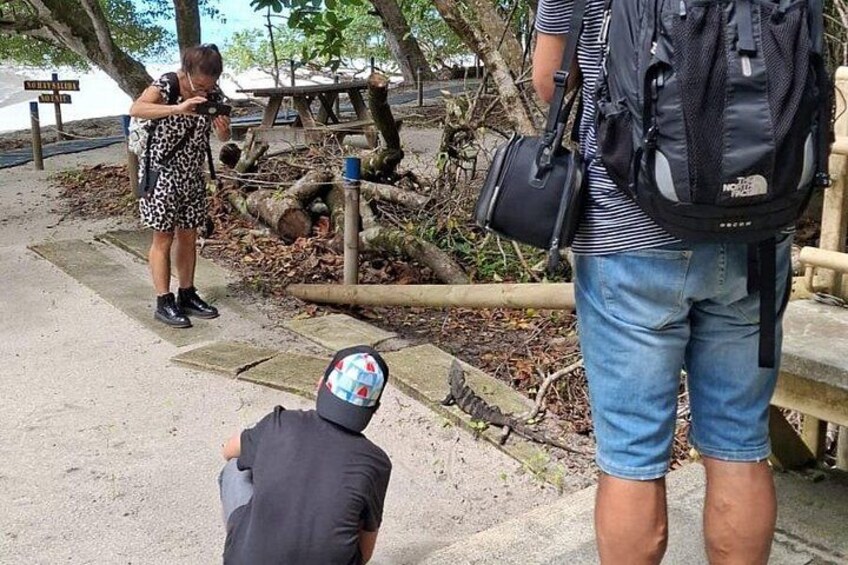 Människor som promenerar på en stig, en träkonstruktion och en person som tar ett foto. 4