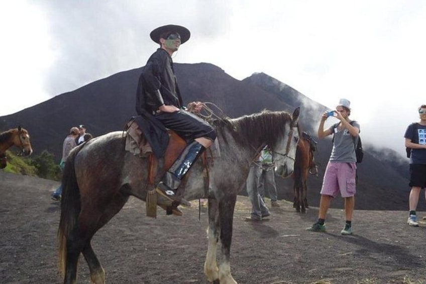 A person riding a horse on a mountain trail with other people and horses in the background. 4