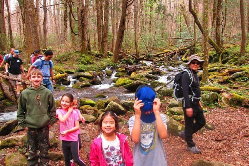 Un bosque con un arroyo, excursionistas y niños. 3