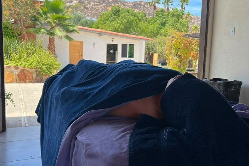 A person lying on a bed with a view of a house and greenery outside. 3