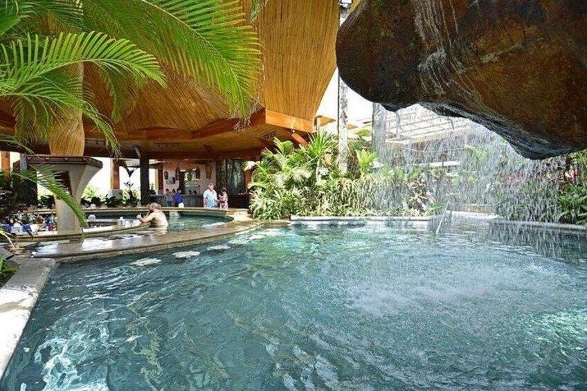 Una piscina con una cascata, circondata da palme e una struttura in legno. 5