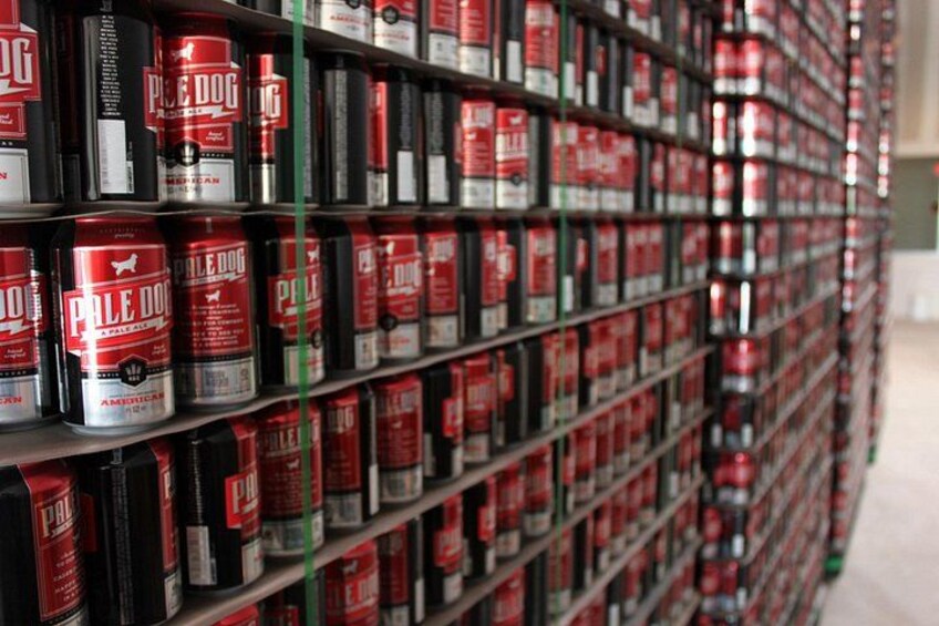 Ripiani pieni di lattine rosse e nere di birra Pale Dog. 4
