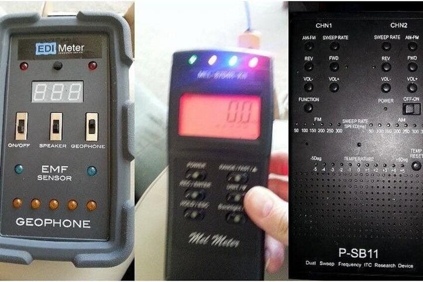 Three electronic devices with various buttons and displays. 2
