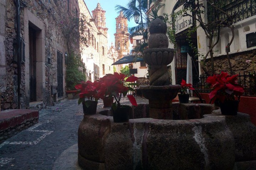 A narrow street with cobblestone pavement, a fountain, and red potted plants. 2