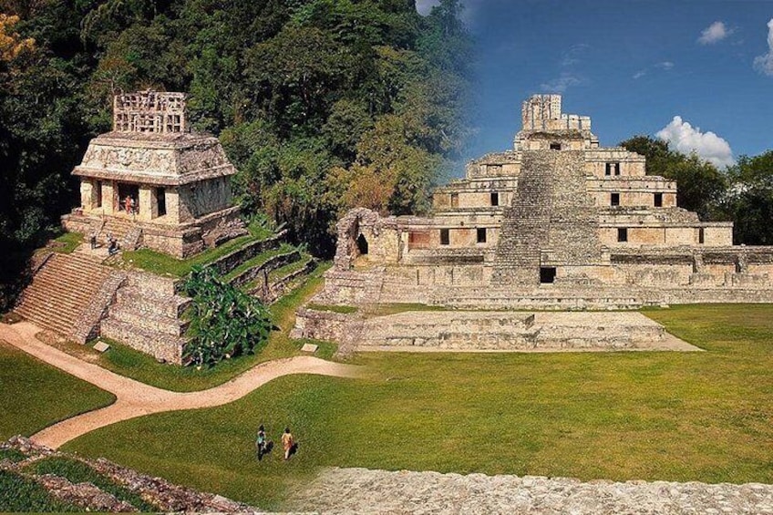 Ancient Mayan ruins with stepped pyramids and a large temple. 3