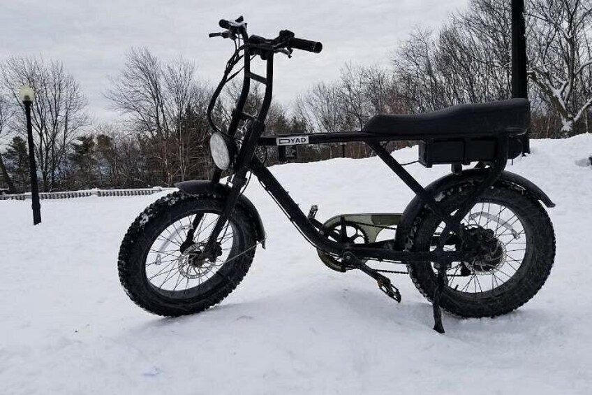 Una bicicleta eléctrica negra con una caja de almacenamiento en la parte trasera, estacionada sobre suelo cubierto de nieve. 4