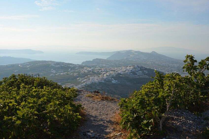 A mountainous landscape with a clear path leading through dense greenery, overlooking a valley with distant hills. 3