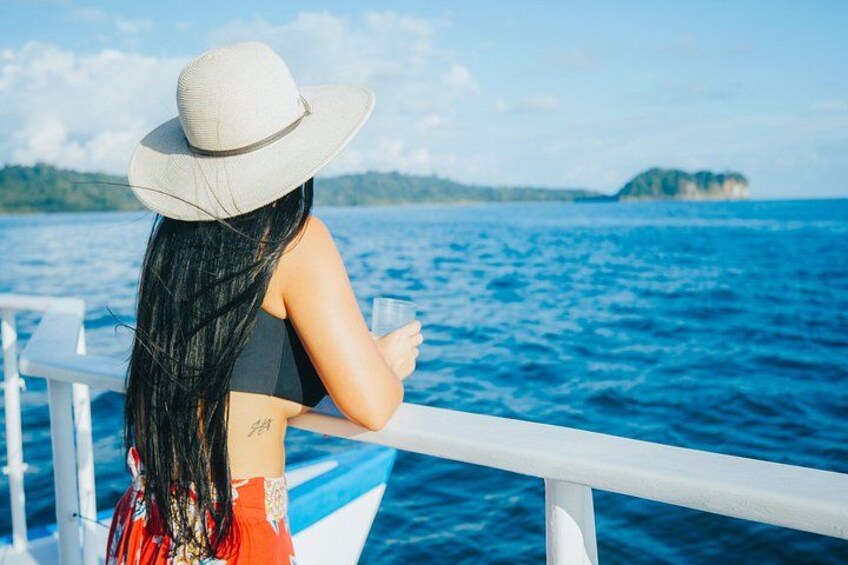 Una persona con sombrero y traje de baño mirando un cuerpo de agua con una isla distante. 2