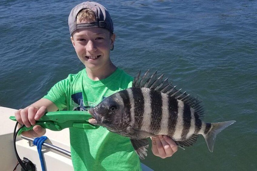 A person holding a striped fish on a boat. 1