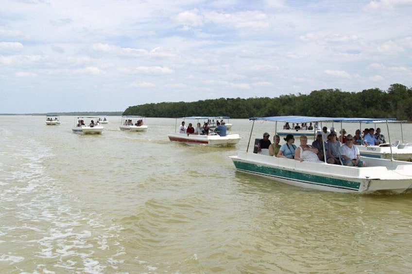 Eine Gruppe von Booten auf einem ruhigen See, mit Personen an Bord, umgeben von einer bewaldeten Uferlinie. 4