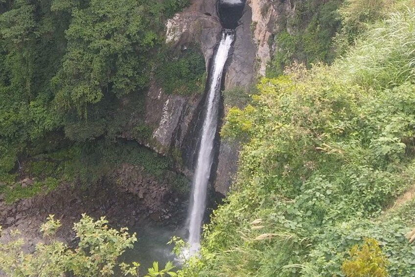 A waterfall cascading down a rocky cliff surrounded by dense green foliage. 2