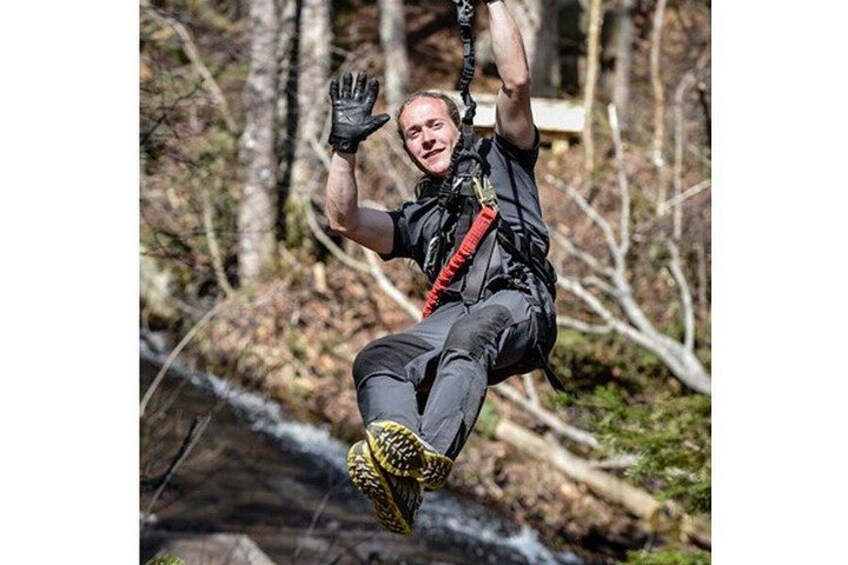 A person zip-lining through a forested area. 3